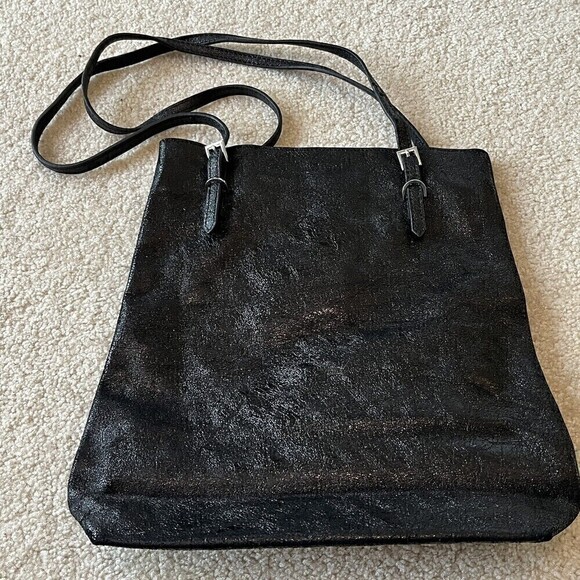 Tiffany and Fred Black Metallic Handbag Tote Bag Classic Modern Travel Shimmer - Picture 1 of 8